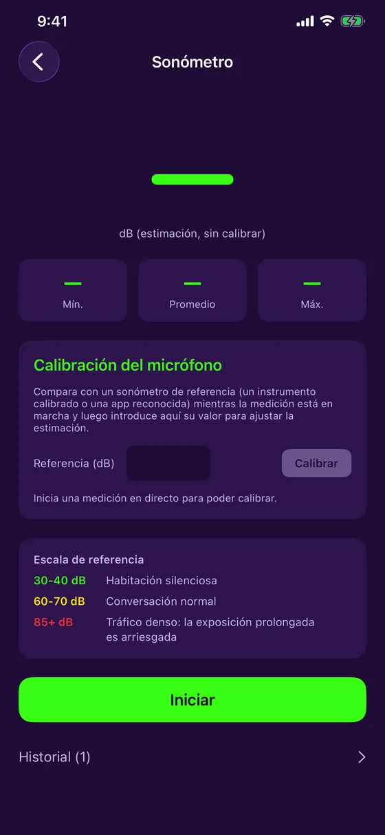 Sonómetro, calibración e historial