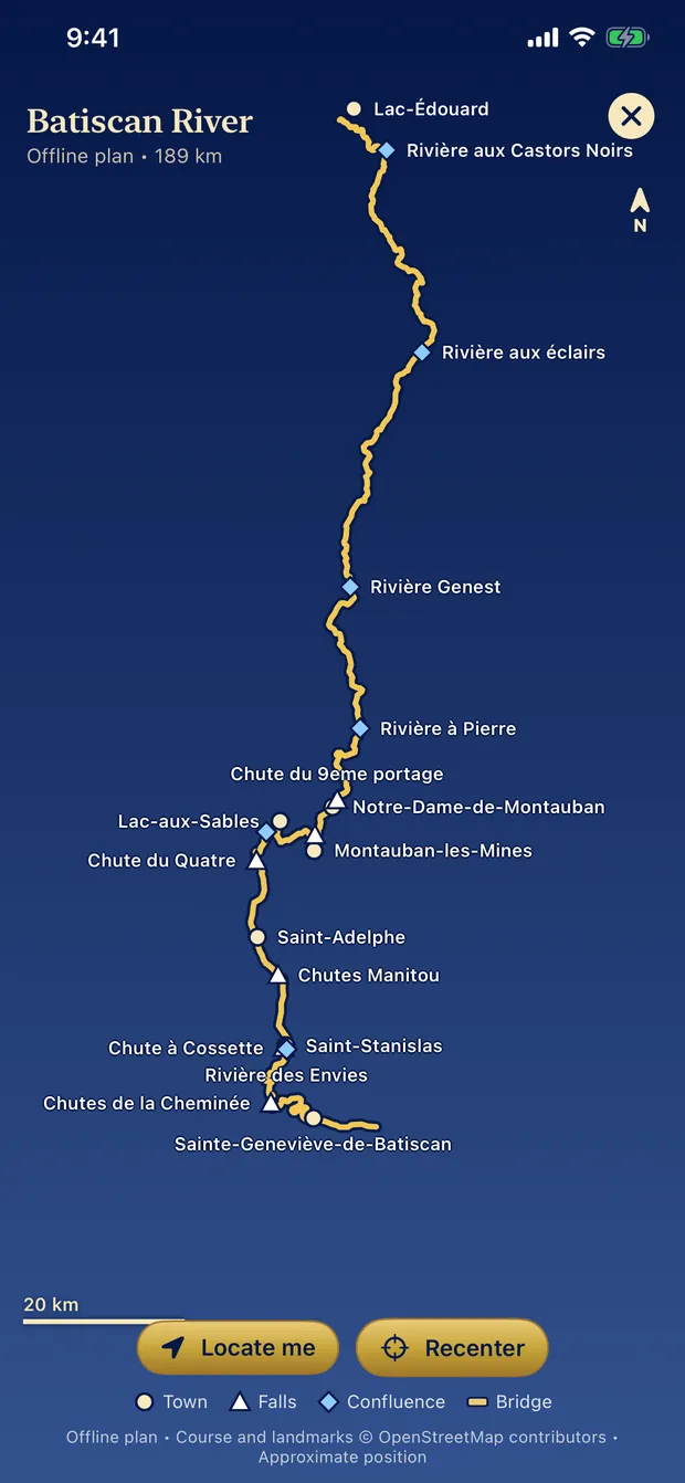 Offline plan of the Batiscan River with its towns, falls and confluences