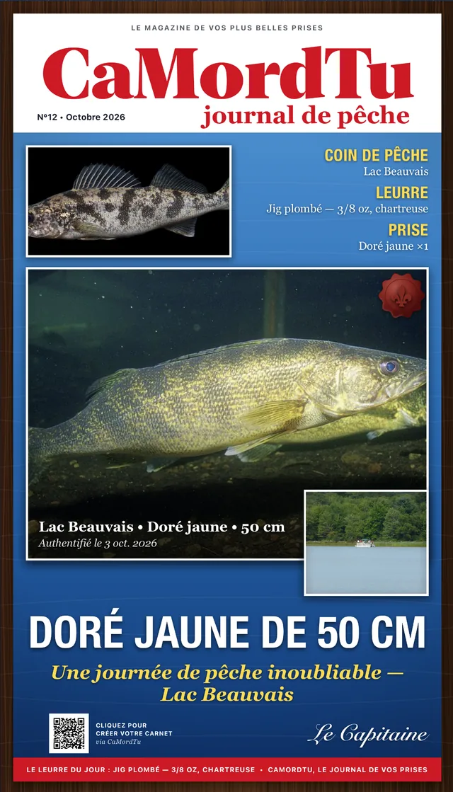 Une prise exportée en couverture de magazine : doré jaune de 50 cm au lac Beauvais