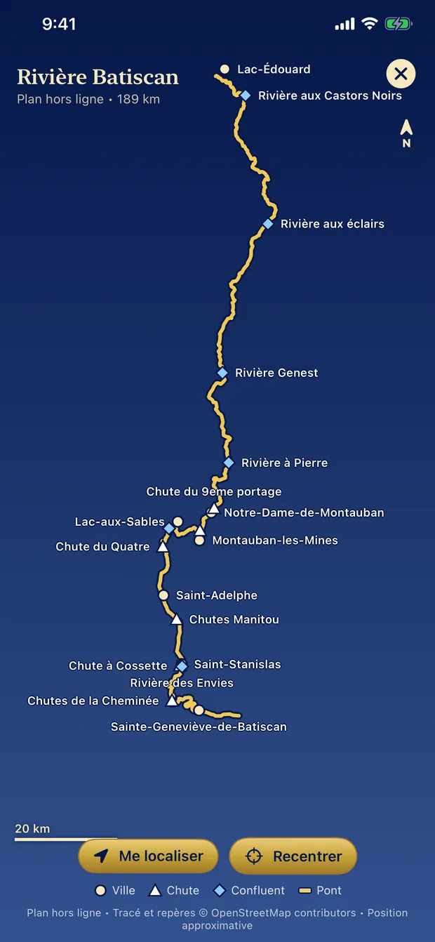 Plan hors ligne de la rivière Batiscan avec ses villes, chutes et confluents