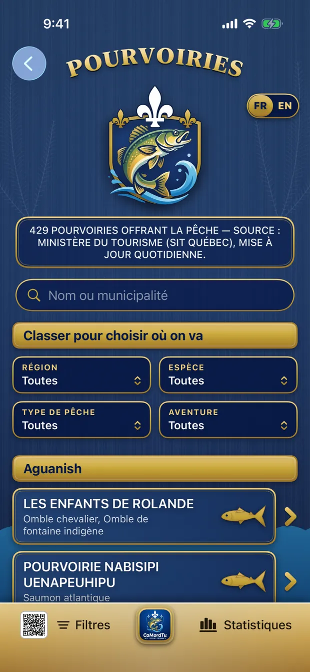 Pourvoiries classées par région, espèce et aventure