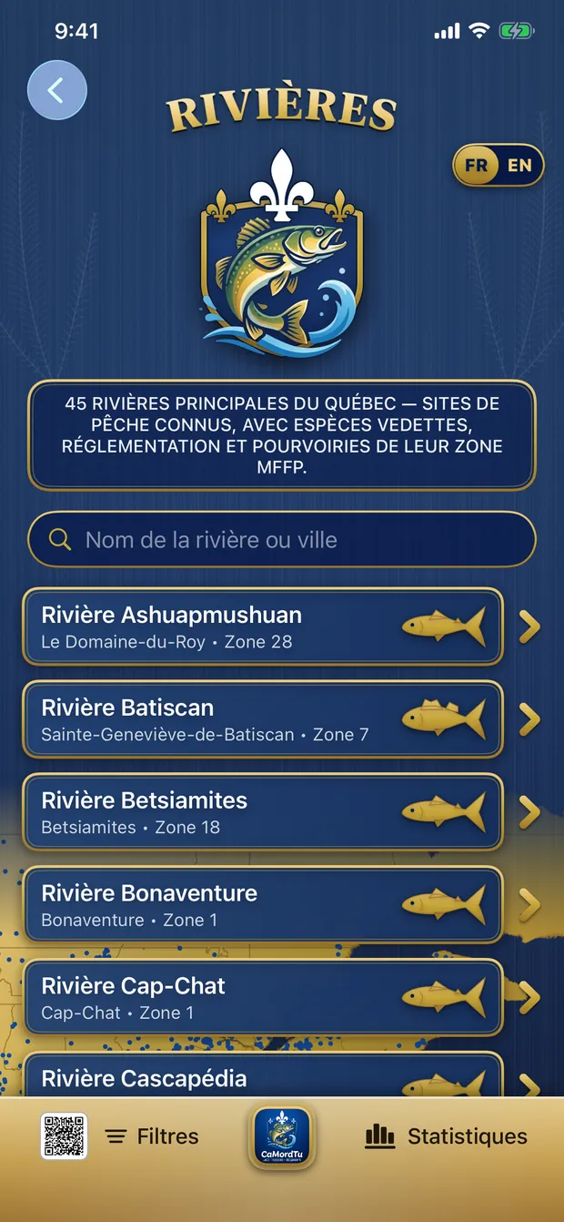 Liste des 45 rivières
