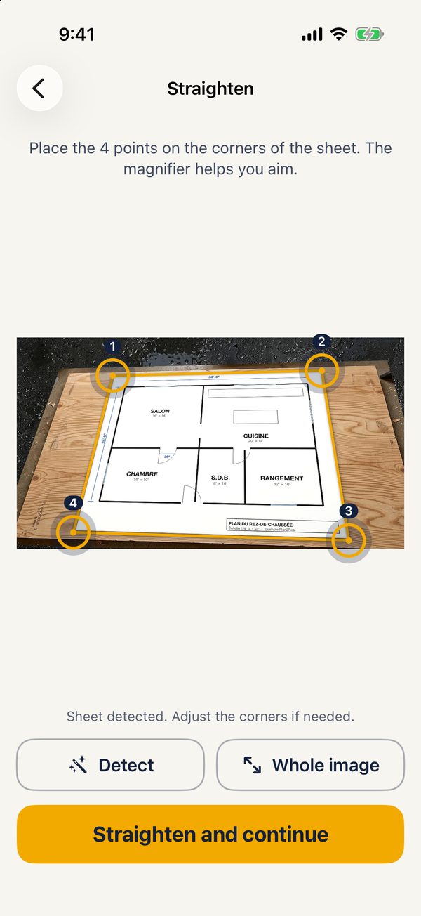 The four corners of the sheet detected automatically